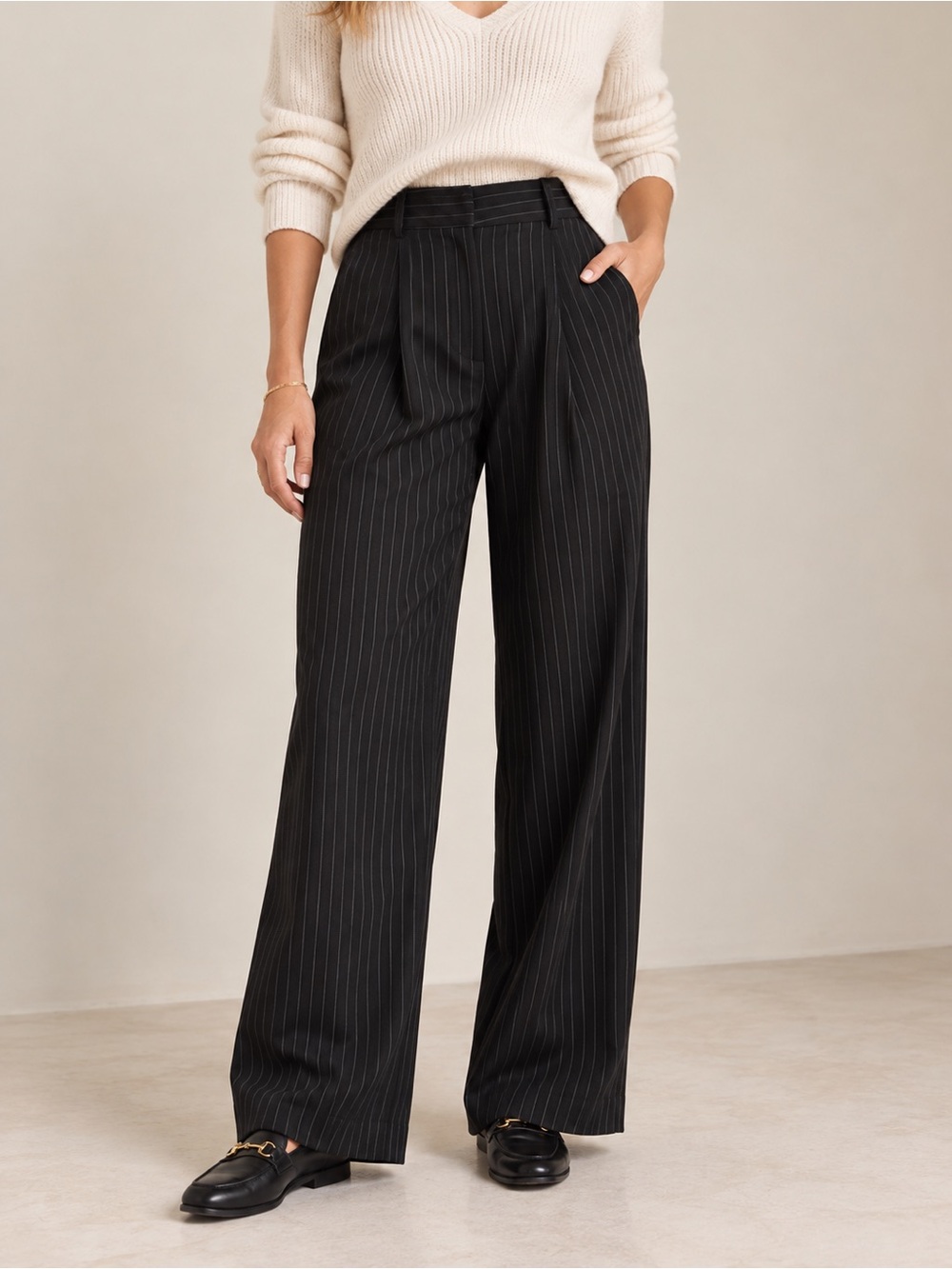 WAYF Anthropologie Cotton Linen Pinstripe Wide Leg High Waist Trousers Womens M